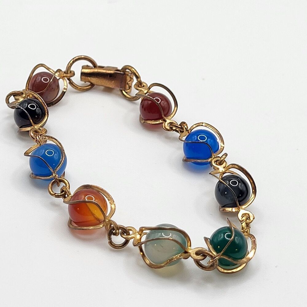 Vintage Egyptian Revival Caged Gemstone Copper Tennis Bracelet 8in